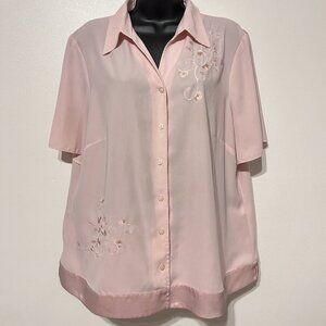 Vintage BHS Shell Pink Embroidered Flutter Sleeves Satin Trim US Size L-XL
